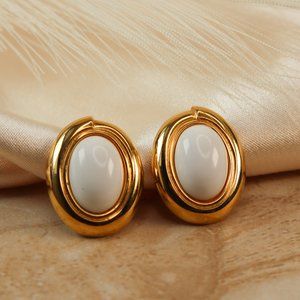 SOLD - Vintage Monet White Enamel Oval Earrings